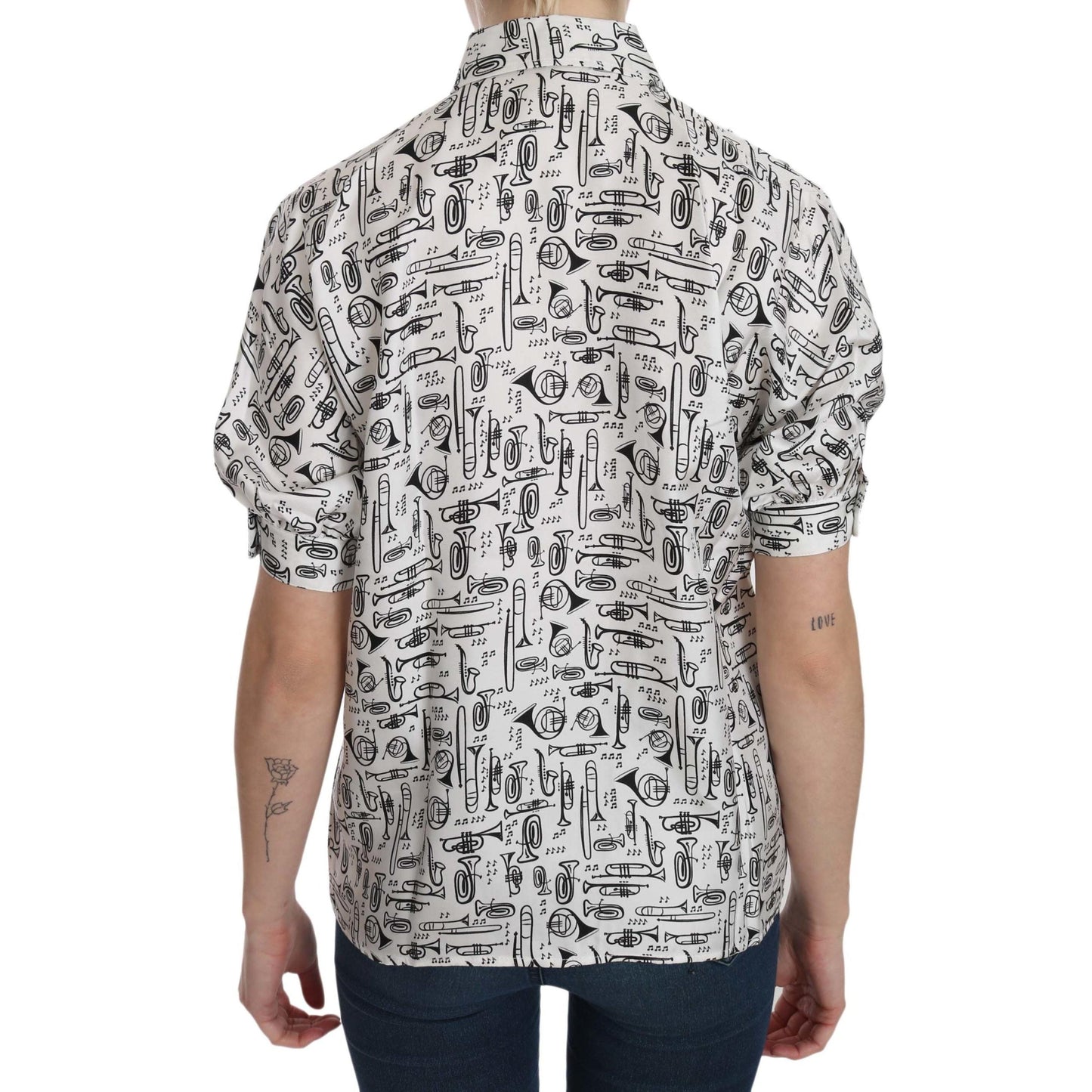 Dolce & Gabbana White Musical Instrument Collared Blouse Shirt