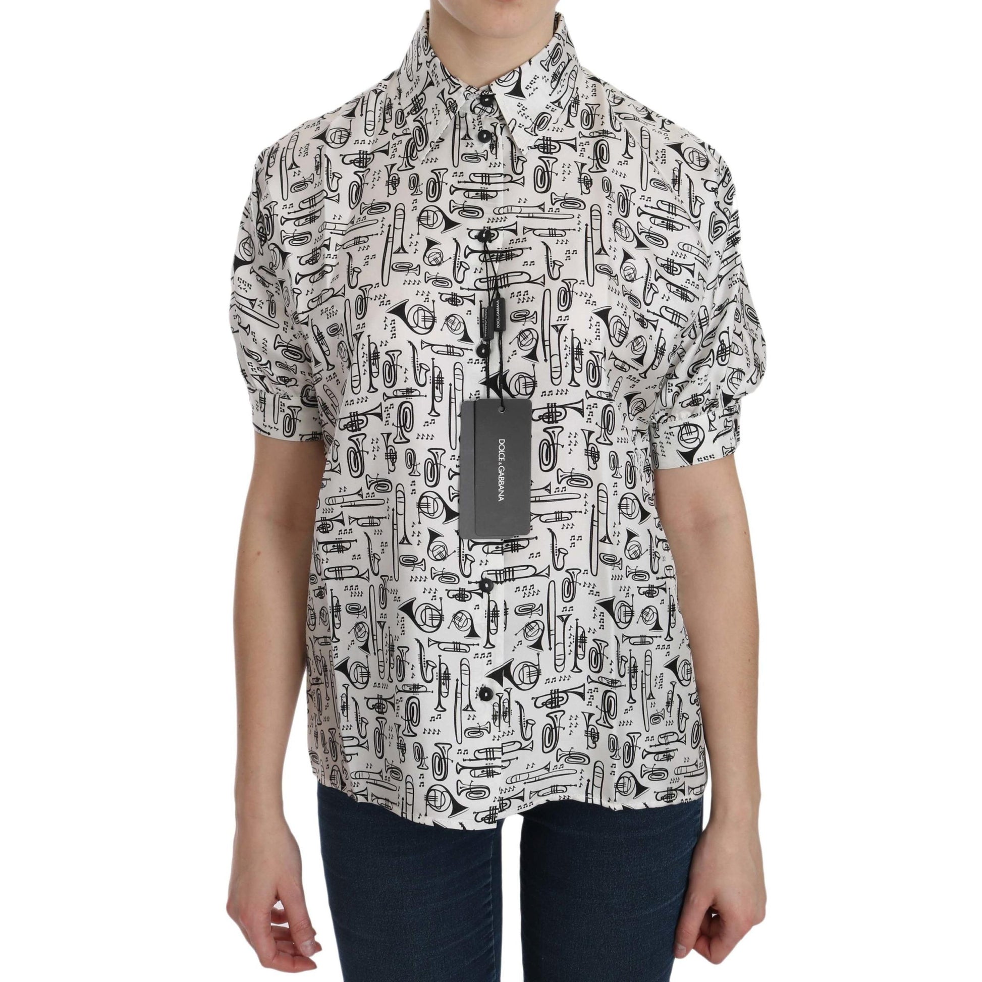 Dolce & Gabbana White Musical Instrument Collared Blouse Shirt
