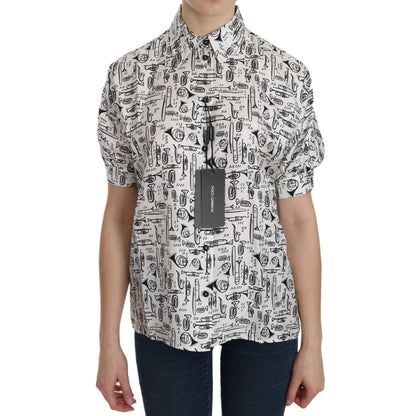Dolce & Gabbana White Musical Instrument Collared Blouse Shirt