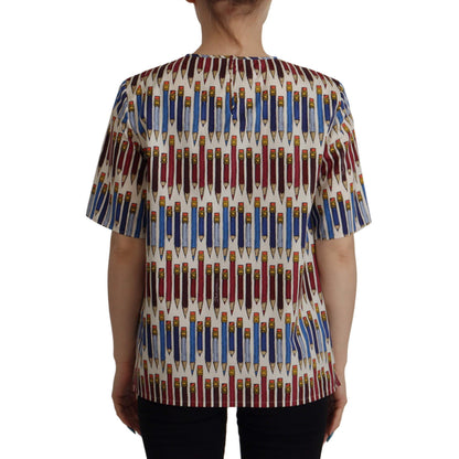 Dolce & Gabbana White Pencil Print Cotton T-shirt Blouse