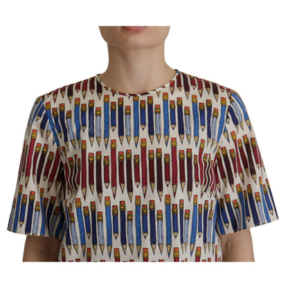 Dolce & Gabbana White Pencil Print Cotton T-shirt Blouse