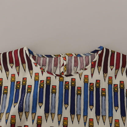 Dolce & Gabbana White Pencil Print Cotton T-shirt Blouse