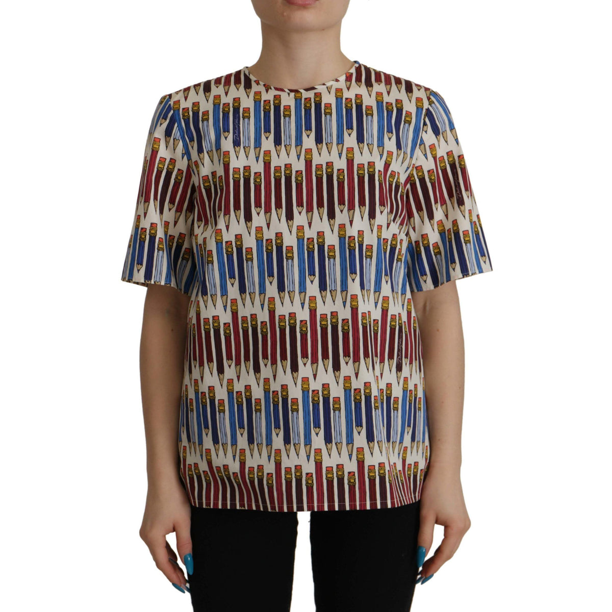 Dolce & Gabbana White Pencil Print Cotton T-shirt Blouse