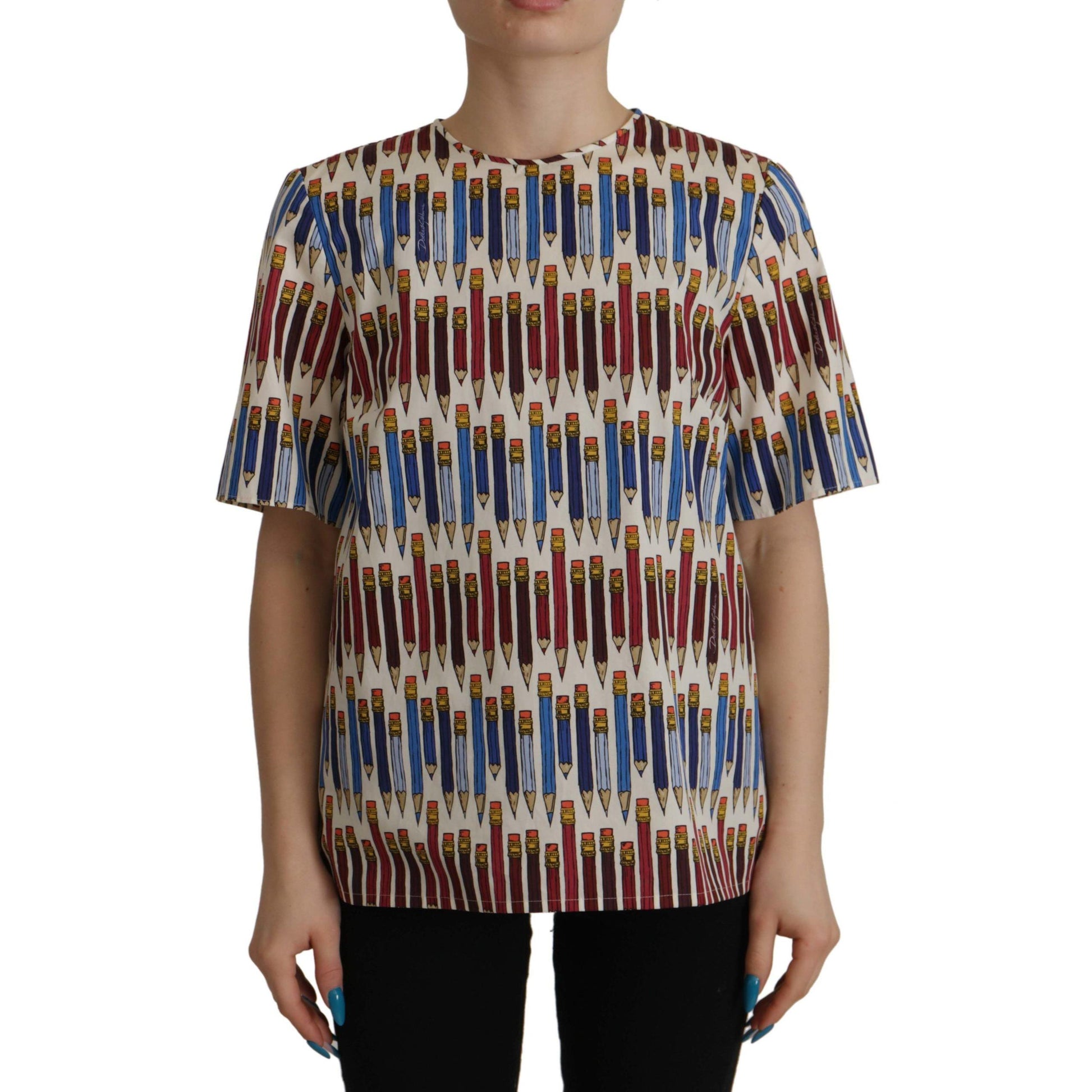 Dolce & Gabbana White Pencil Print Cotton T-shirt Blouse