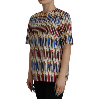 Dolce & Gabbana White Pencil Print Cotton T-shirt Blouse