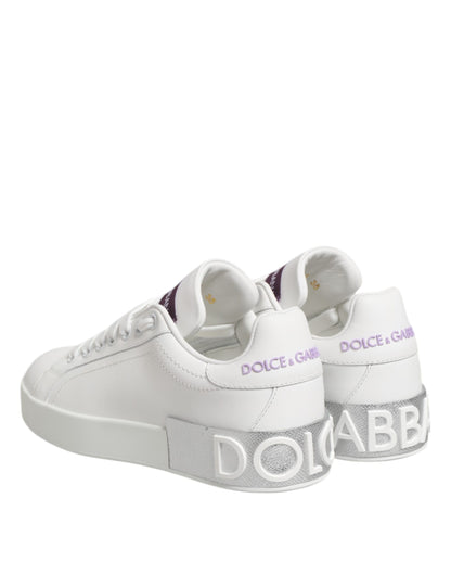 Dolce & Gabbana White Purple Leather Low Top Sneakers Shoes