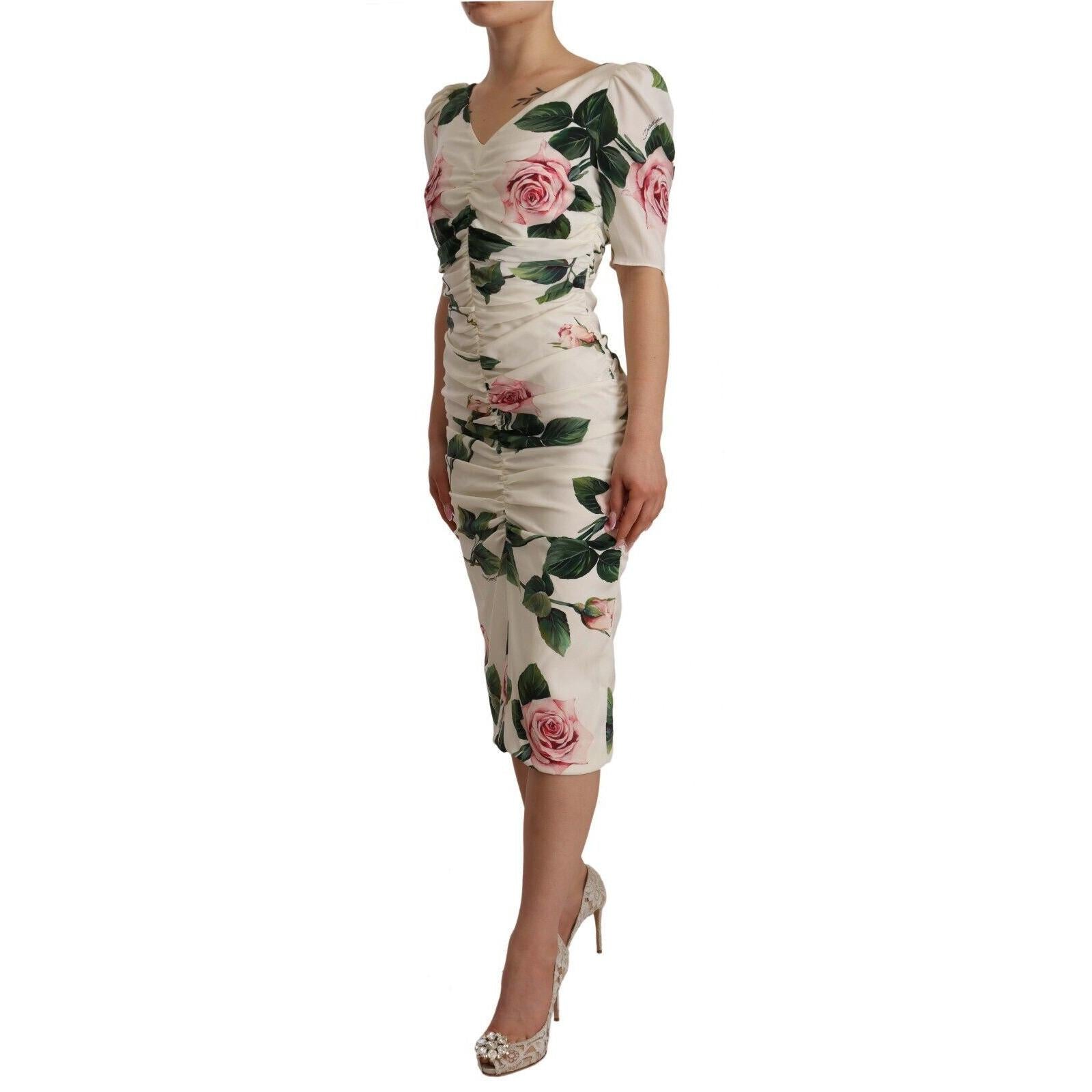 Dolce & Gabbana White Roses Print Stretch Silk Pleated Dress