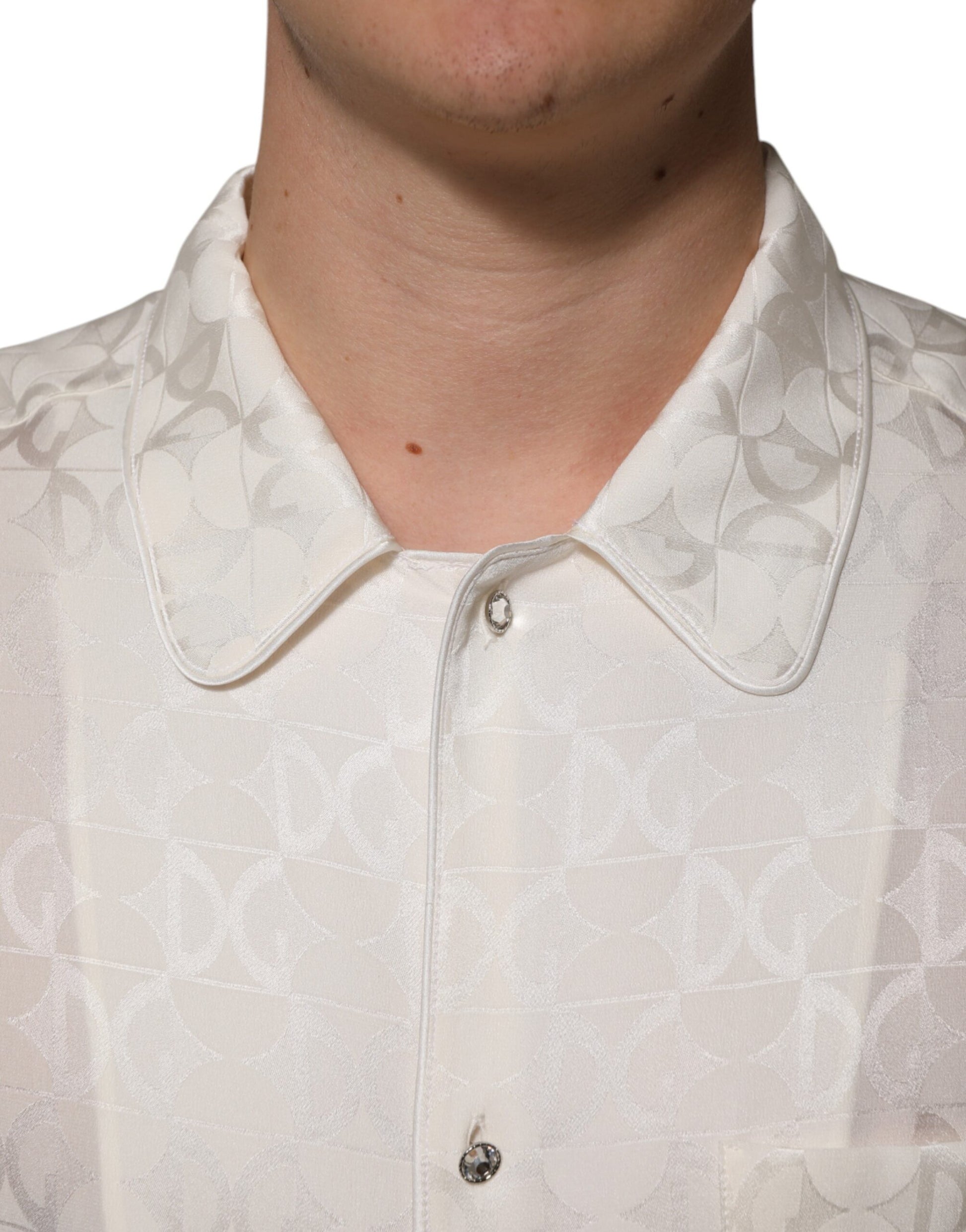 Dolce & Gabbana White Silk DG Logo Print Long Sleeves Shirt