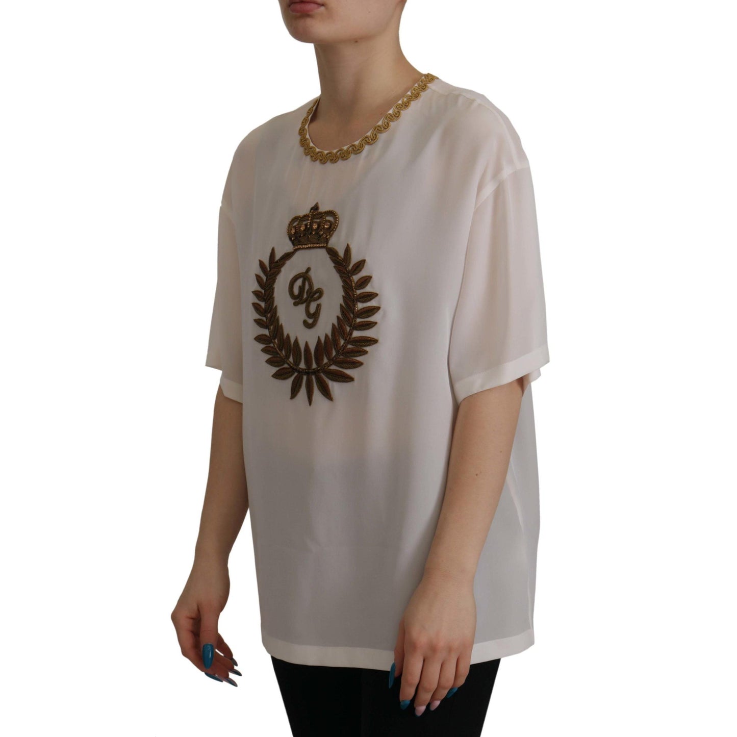 Dolce & Gabbana White Silk Gold DG Crown Crystal Blouse Top