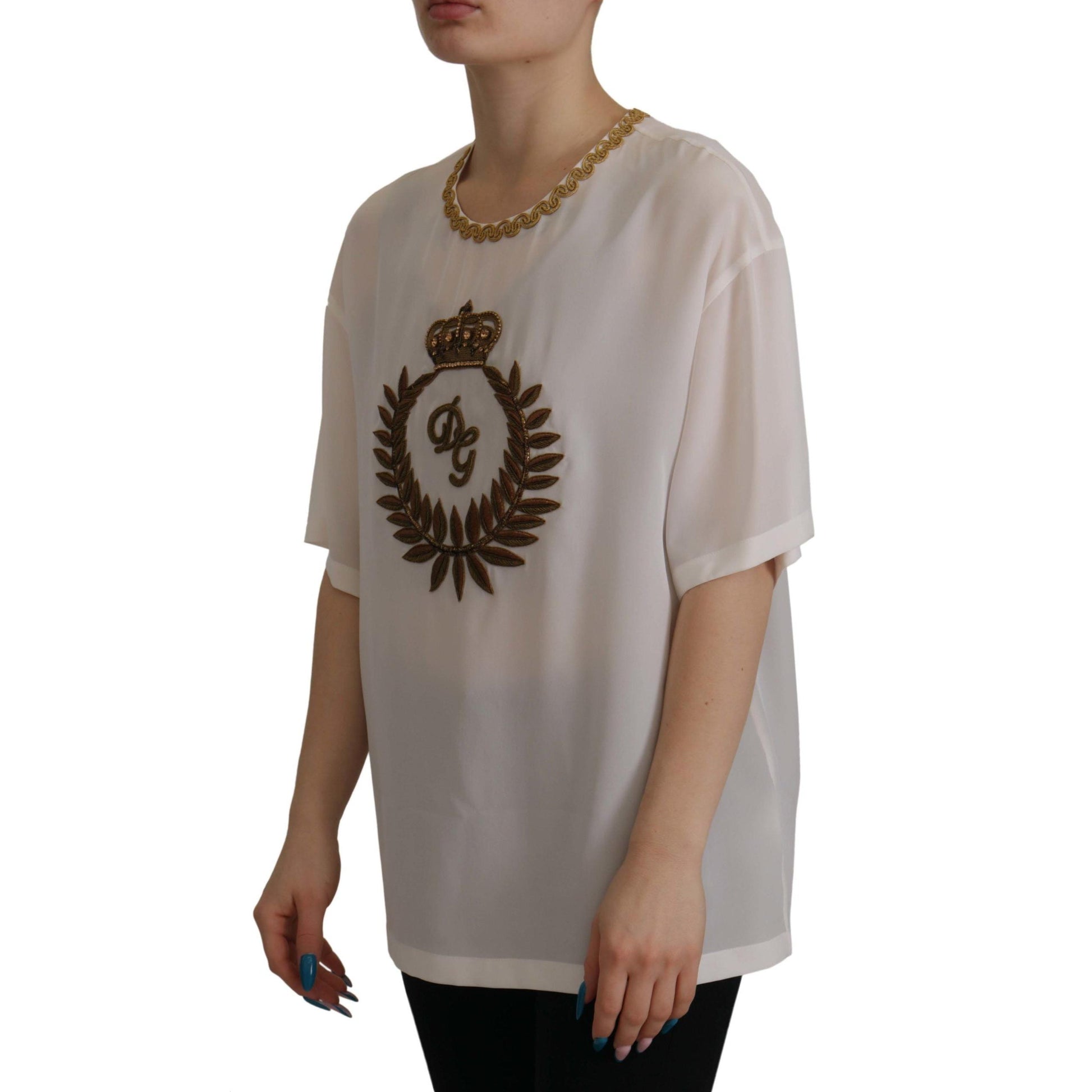 Dolce & Gabbana White Silk Gold DG Crown Crystal Blouse Top