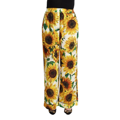 Dolce & Gabbana White Sunflower Print Mid Waist Wide Leg Pants
