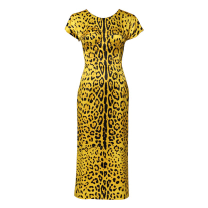 Dolce & Gabbana Yellow Polyester Leopard Midi Sheath Dress