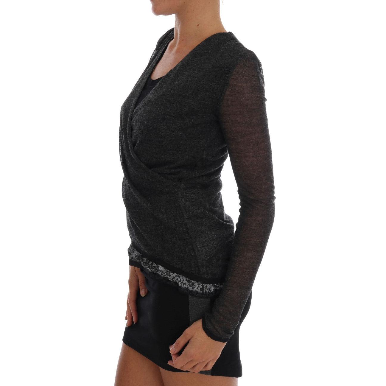 Ermanno Scervino Gray Wool Lace Top Long Sleeved T-shirt