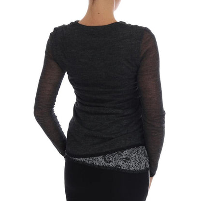 Ermanno Scervino Gray Wool Lace Top Long Sleeved T-shirt