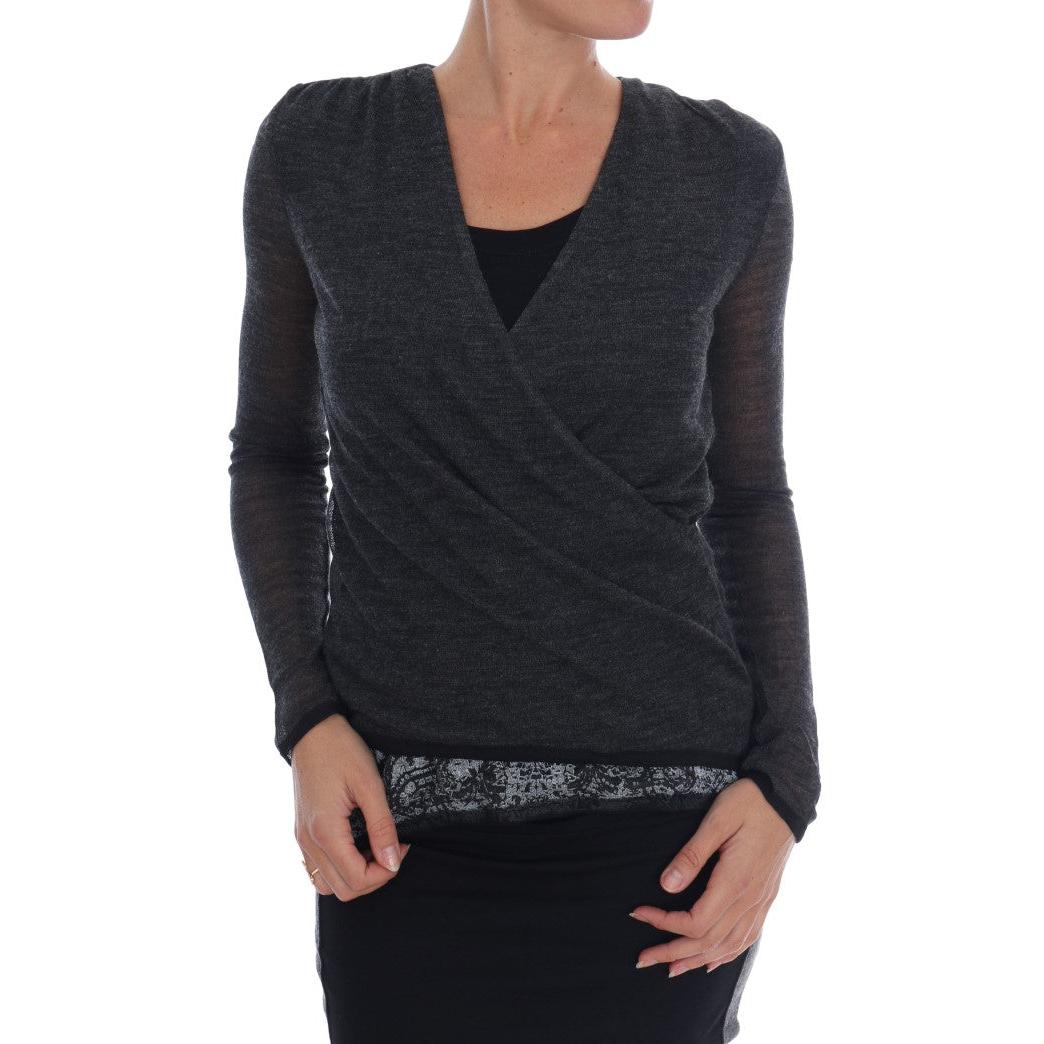 Ermanno Scervino Gray Wool Lace Top Long Sleeved T-shirt