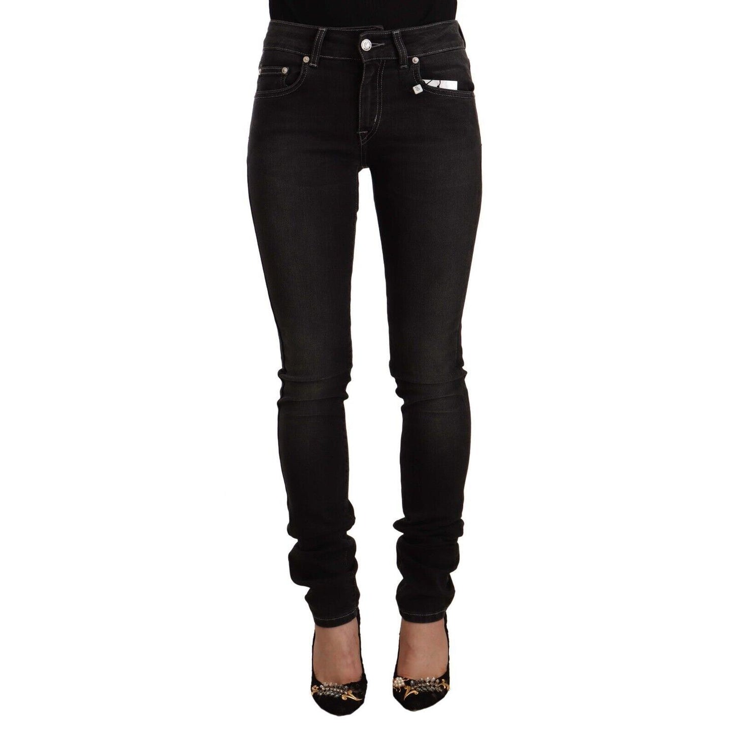 GF Ferre Black Washed Mid Waist Cotton Skinny Slim Fit Jeans