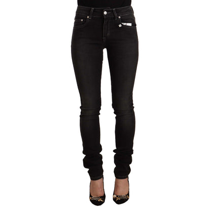 GF Ferre Black Washed Mid Waist Cotton Skinny Slim Fit Jeans