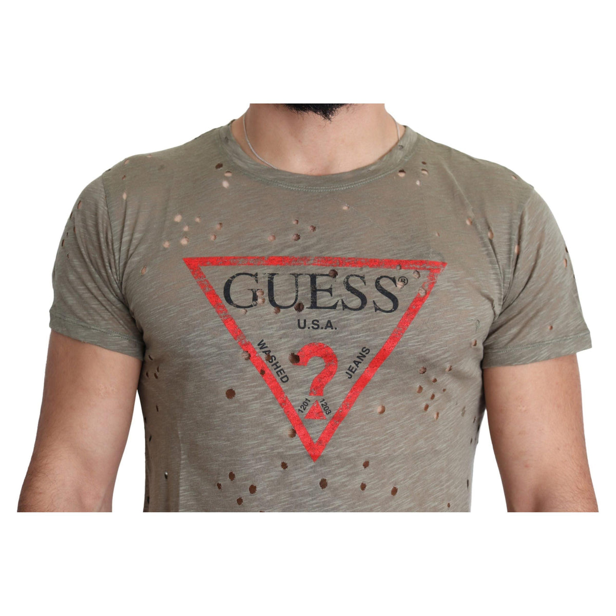 Guess Brown Cotton Stretch Logo Print Men Casual Perforated T-shirt