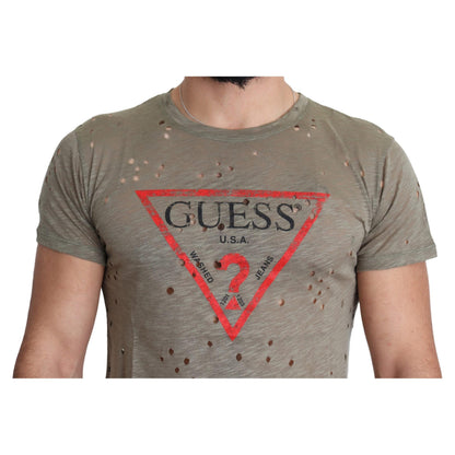 Guess Brown Cotton Stretch Logo Print Men Casual Perforated T-shirt