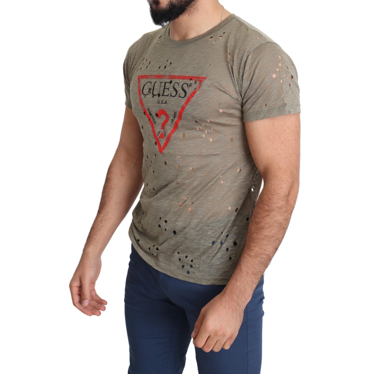 Guess Brown Cotton Stretch Logo Print Men Casual Perforated T-shirt