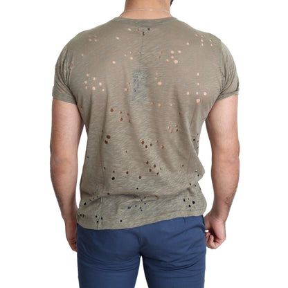 Guess Brown Cotton Stretch Logo Print Men Casual Perforated T-shirt