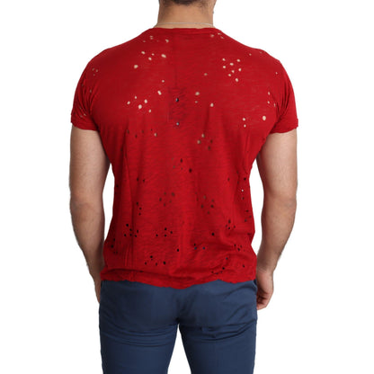 Guess Red Cotton Logo Print Men Casual Top Perforated T-shirt