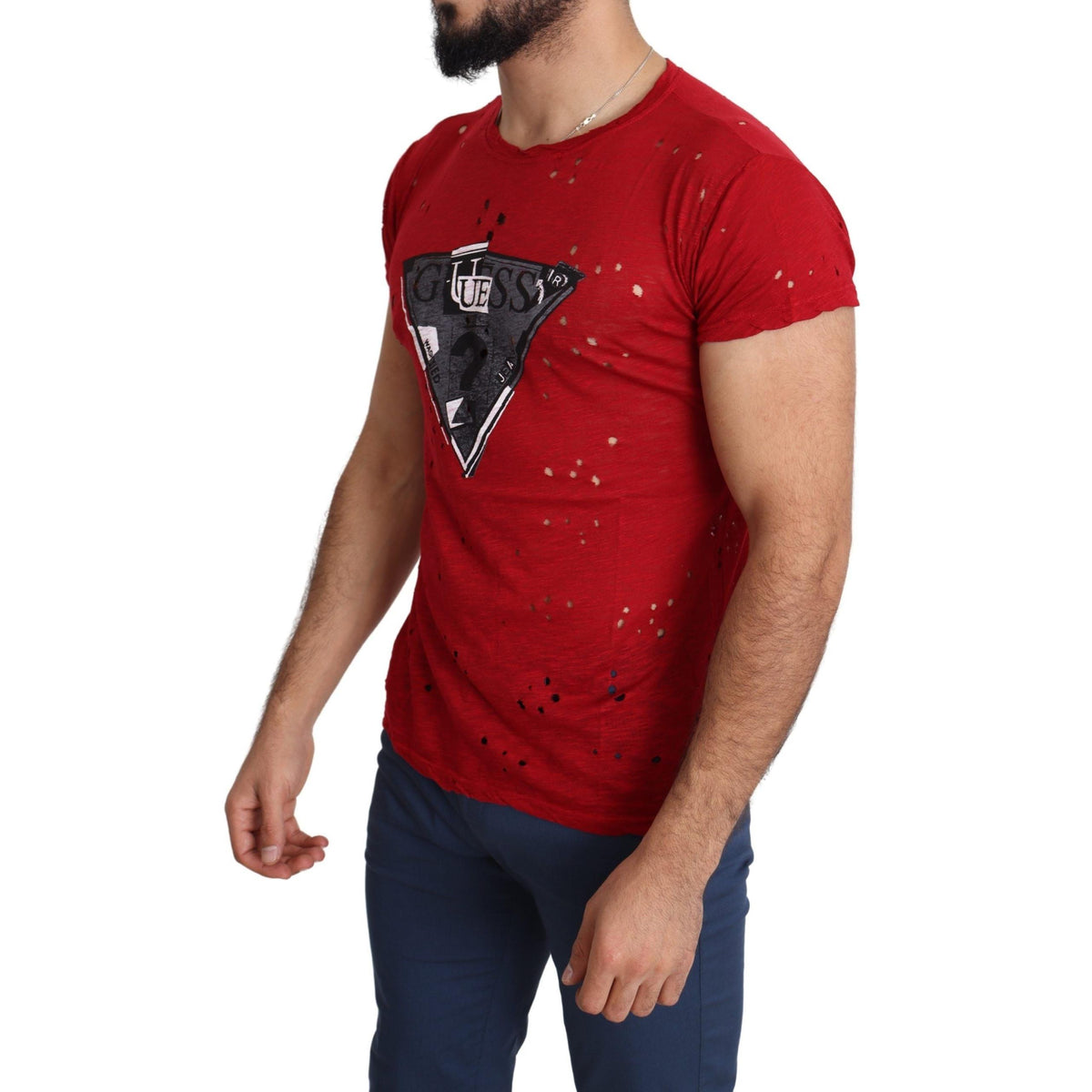 Guess Red Cotton Logo Print Men Casual Top Perforated T-shirt