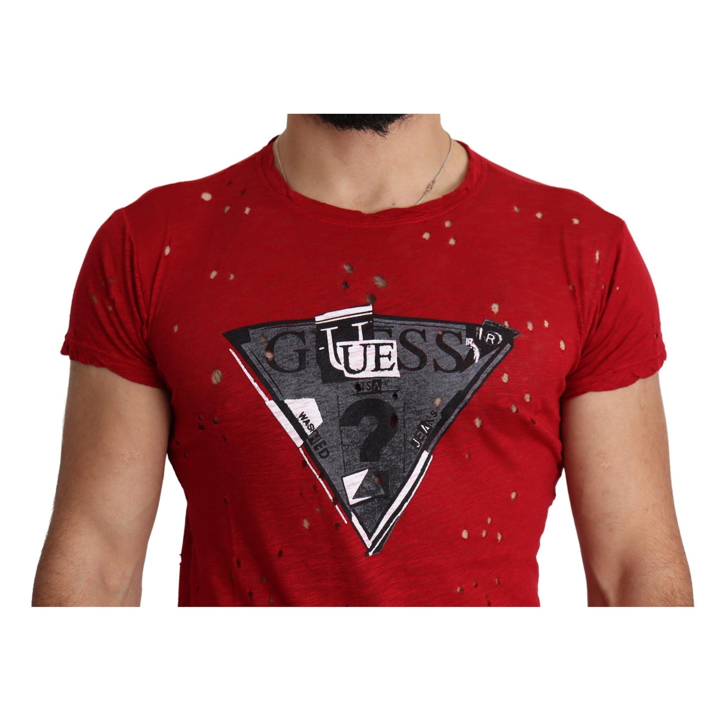 Guess Red Cotton Logo Print Men Casual Top Perforated T-shirt