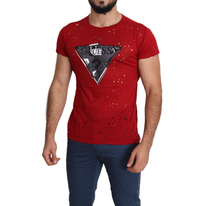 Guess Red Cotton Logo Print Men Casual Top Perforated T-shirt