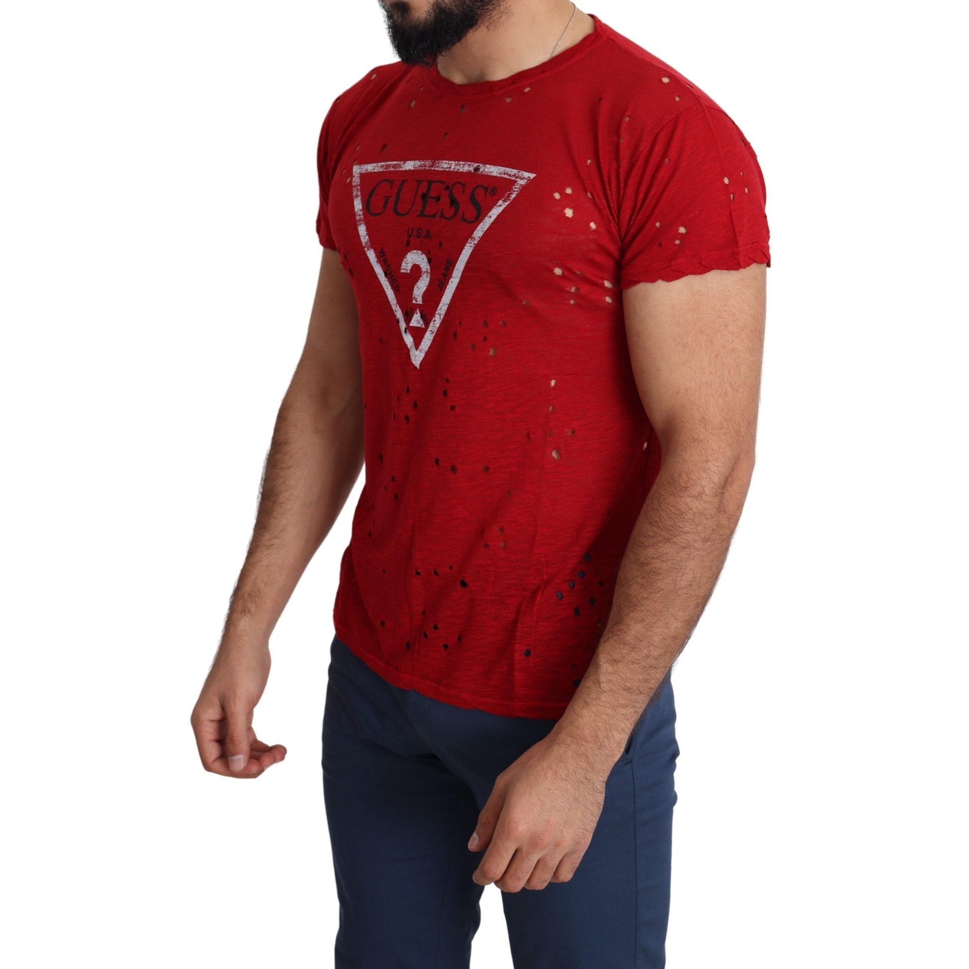 Guess Red Cotton Logo Print Men Casual Top Perforated T-shirt