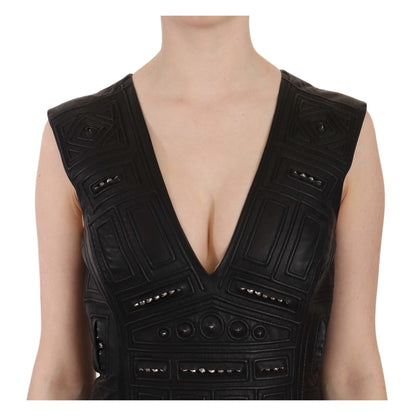 John Richmond Black Leather Studded Mini Shift Dress