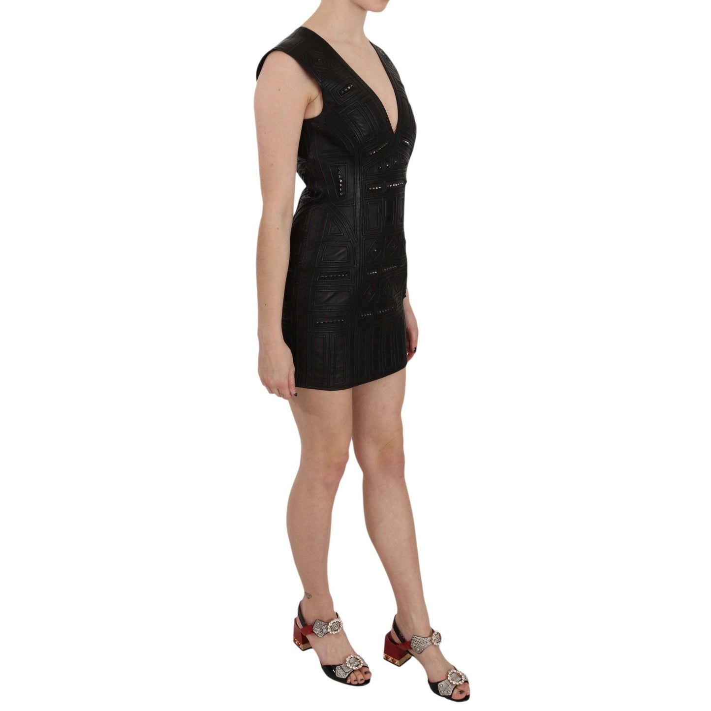 John Richmond Black Leather Studded Mini Shift Dress