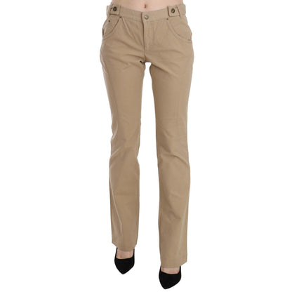 Just Cavalli Beige Cotton Mid Waist Straight Trousers Pants