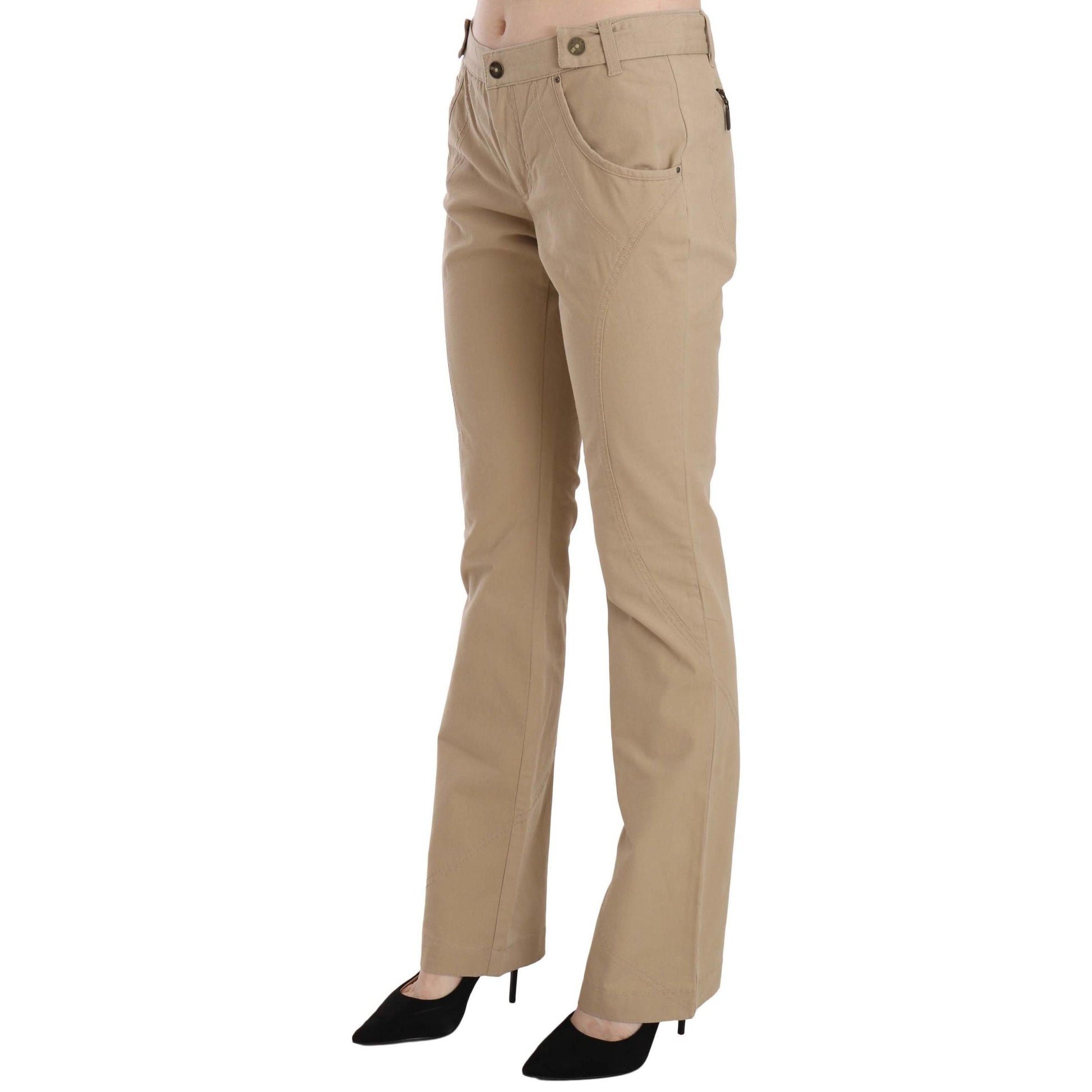 Just Cavalli Beige Cotton Mid Waist Straight Trousers Pants