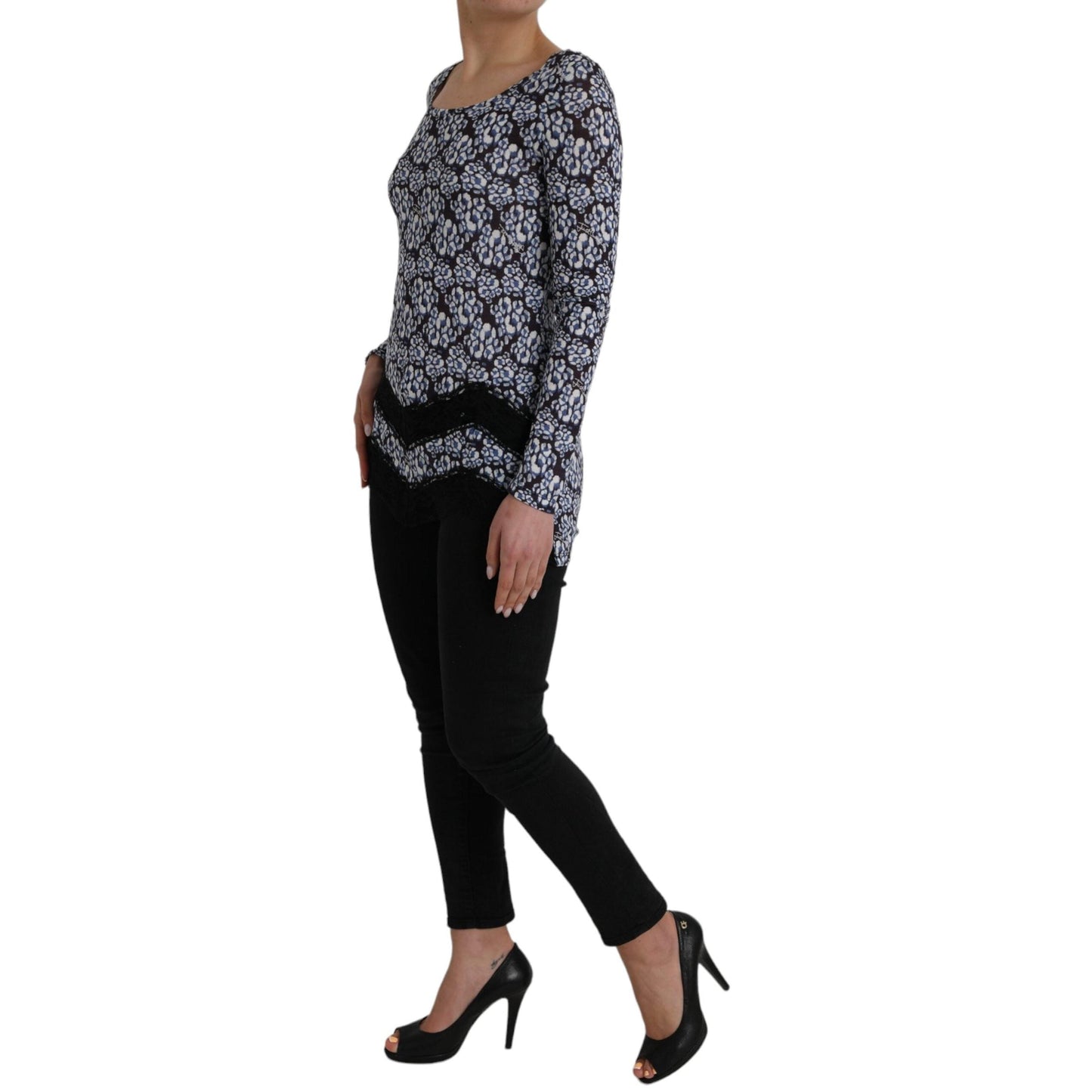 Just Cavalli Blue Floral Lace Long Sleeves Top Underwear Blouse