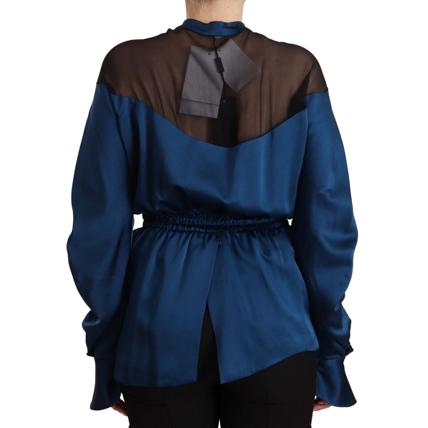 Masha Ma Blue Silk Long Sleeves Elastic Waist Top Blouse