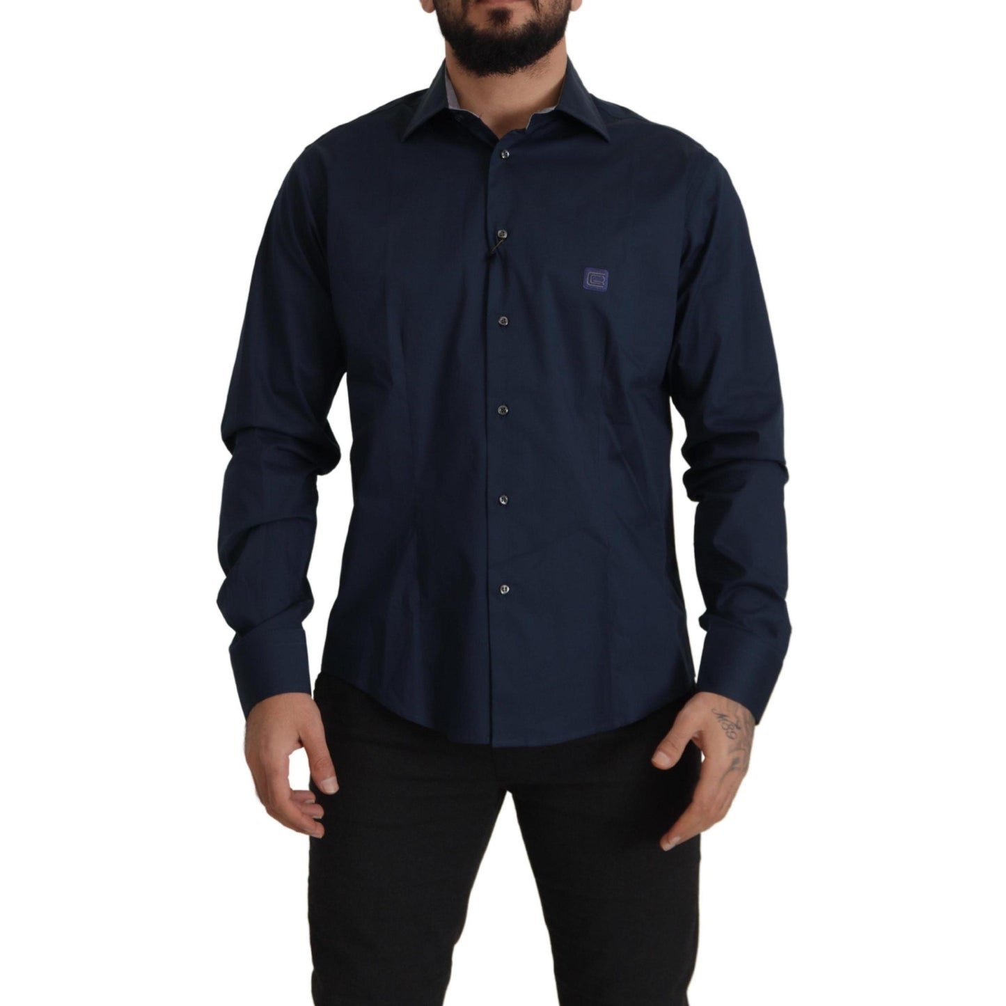 Roberto Cavalli Navy Blue Cotton Dress Formal Shirt