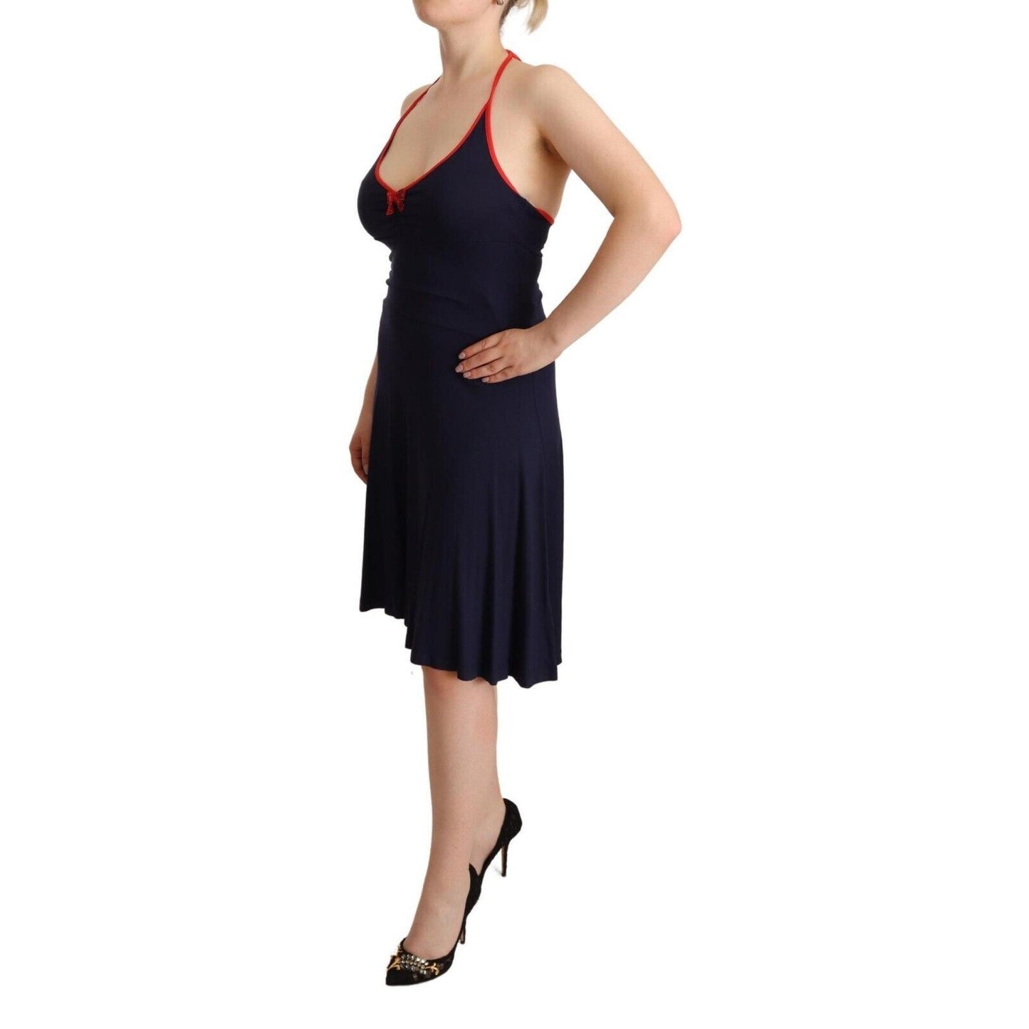 Roccobarocco Navy Blue Sleeveless Halter Sheath Midi Dress