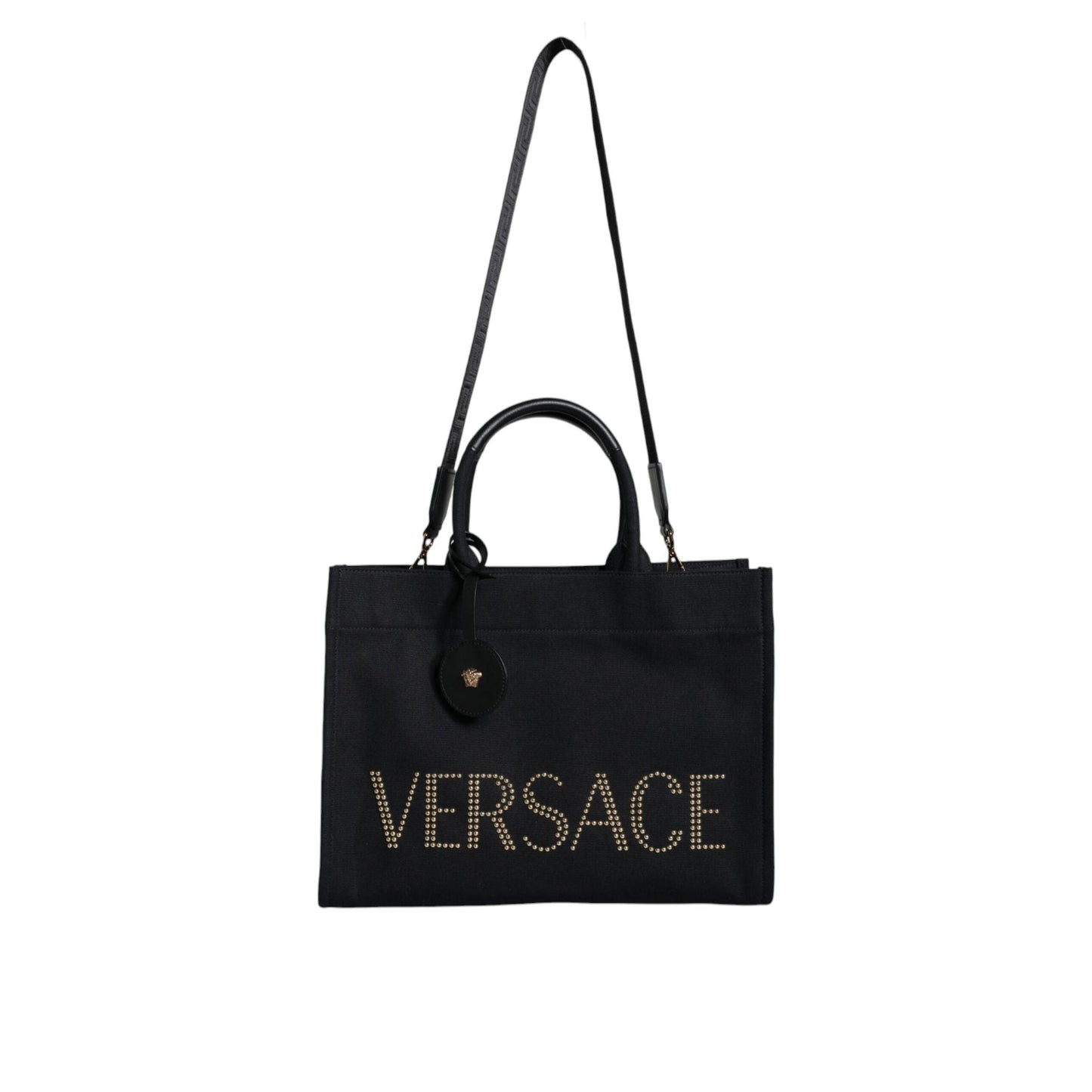 Versace Black Top Handle Canvas Leather Logo Crossbody Tote Bag