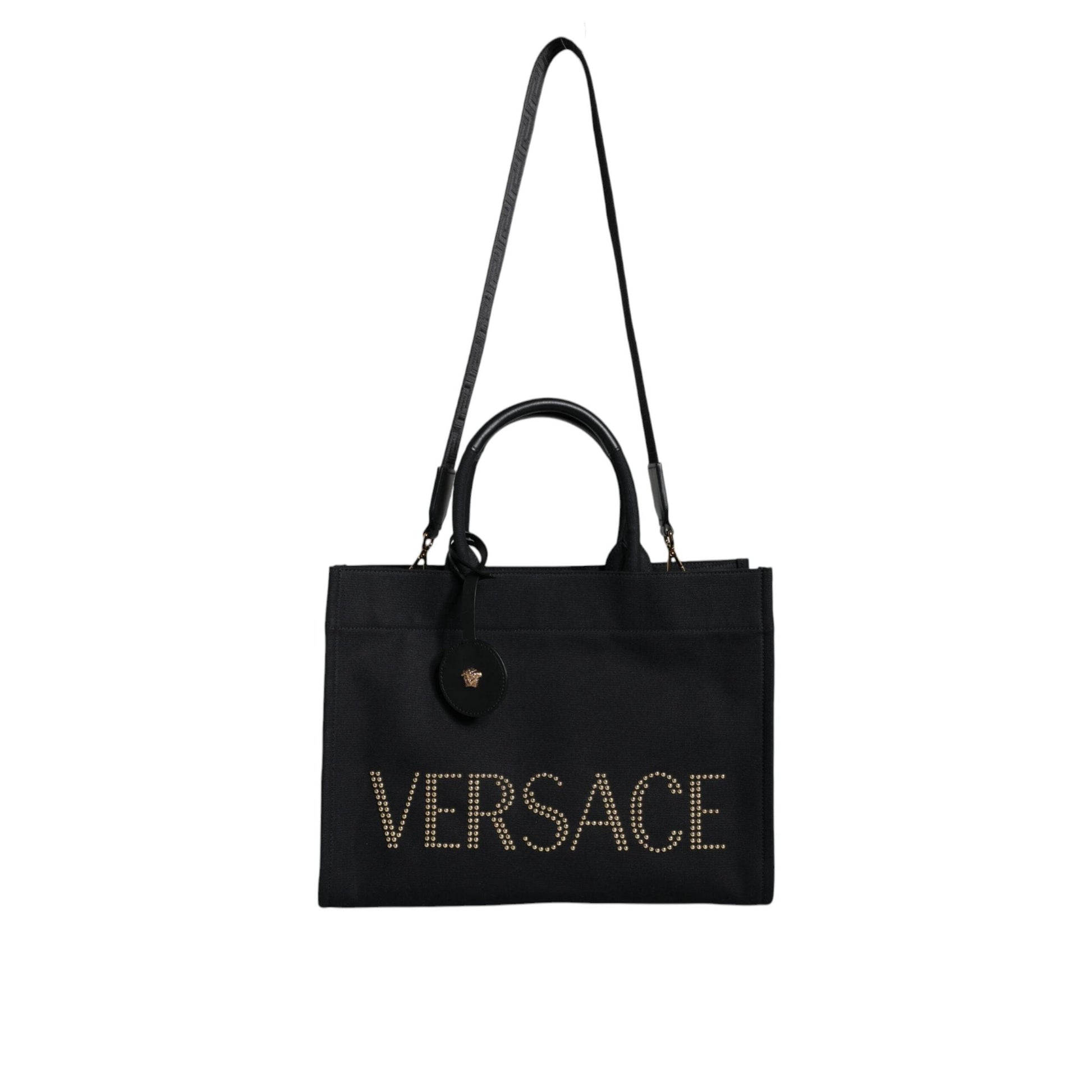 Versace Black Top Handle Canvas Leather Logo Crossbody Tote Bag