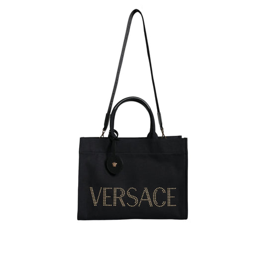 Versace Black Top Handle Canvas Leather Logo Crossbody Tote Bag
