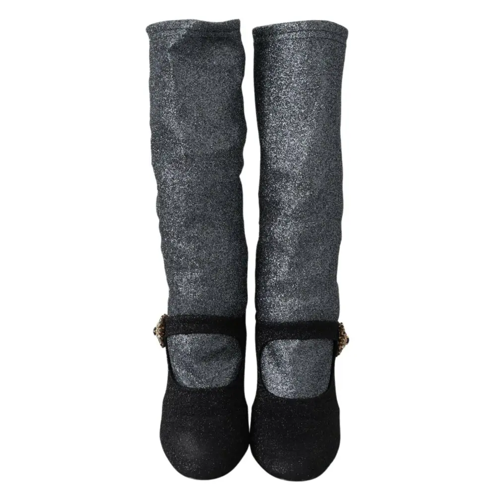 Gabbana black crystal Mary Janes booties i skinnende charcoal grå glitter med guldspænder