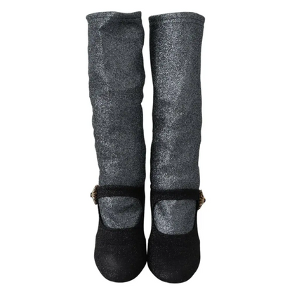 Gabbana black crystal Mary Janes booties i skinnende charcoal grå glitter med guldspænder