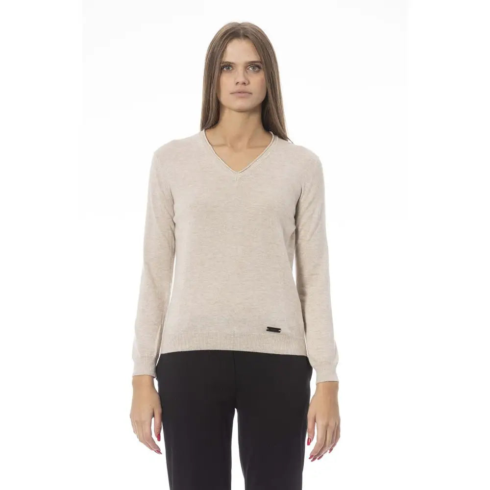 Baldinini Trend beige cashmere sweater med V-hals, ribkantede manchetter og kant
