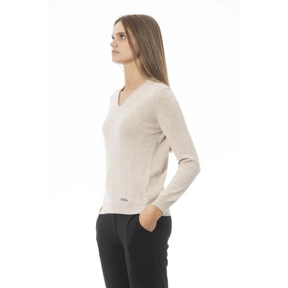 Baldinini Trend beige cashmere sweater med V-hals og langærmet heathering