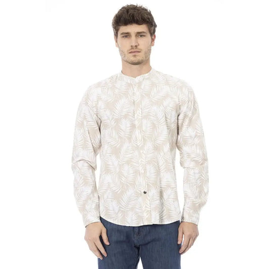 Baldinini trend cream cotton long sleeve shirt med tropisk blad mønster