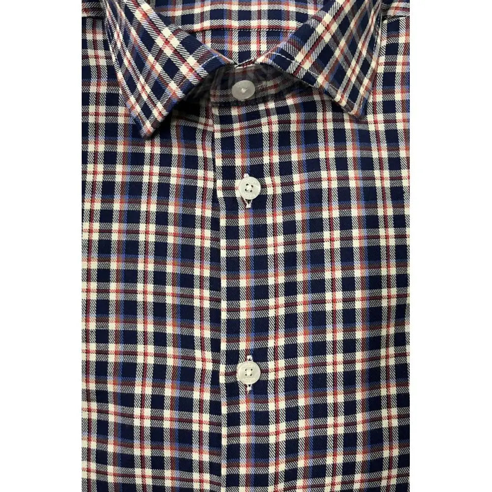 Baldinini trend multicolor cotton herre shirt i navy blå, hvid og rustfarvet plaid