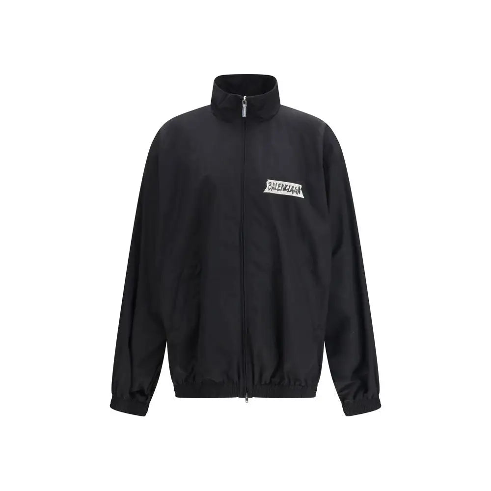 Balenciaga black cotton shell jacket with white logo on chest