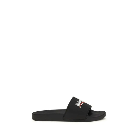 Balenciaga black rubber slippers med hvid og rød logo på stroppen