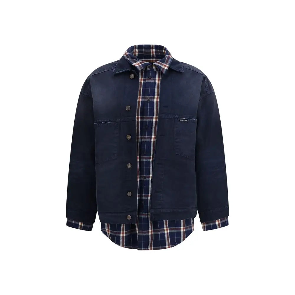 Balenciaga blå bomuldsdenimjakke med ternet skjorte under